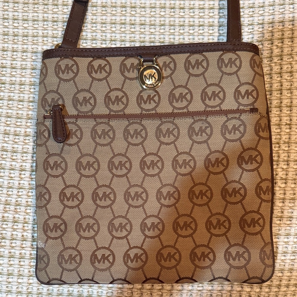 Michael Kors Tan and Brown MK Logo Crossbody Bag